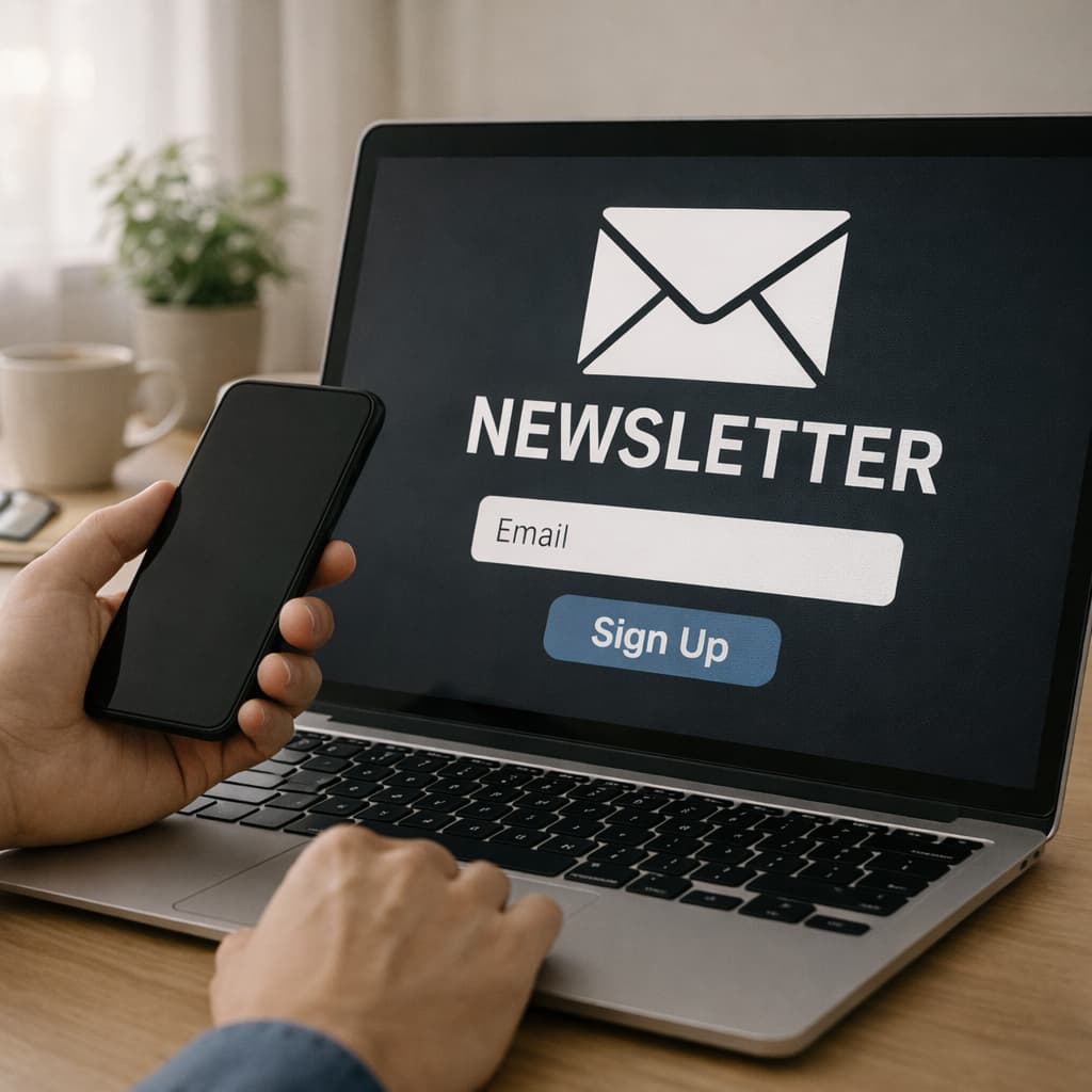 Inscription à une newsletter professionnelle via un formulaire email sur ordinateur et mobile