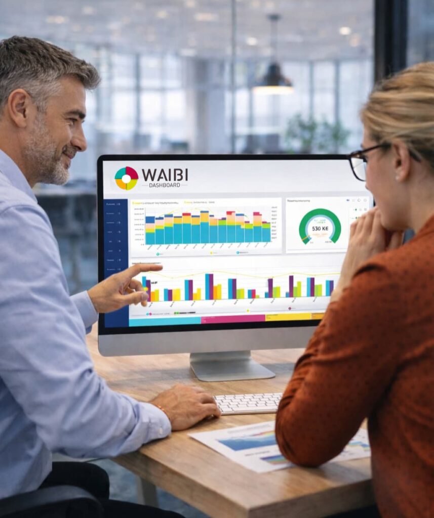 Consultant présentant un tableau de bord Waibi avec indicateurs de performance et graphiques analytiques en entreprise.