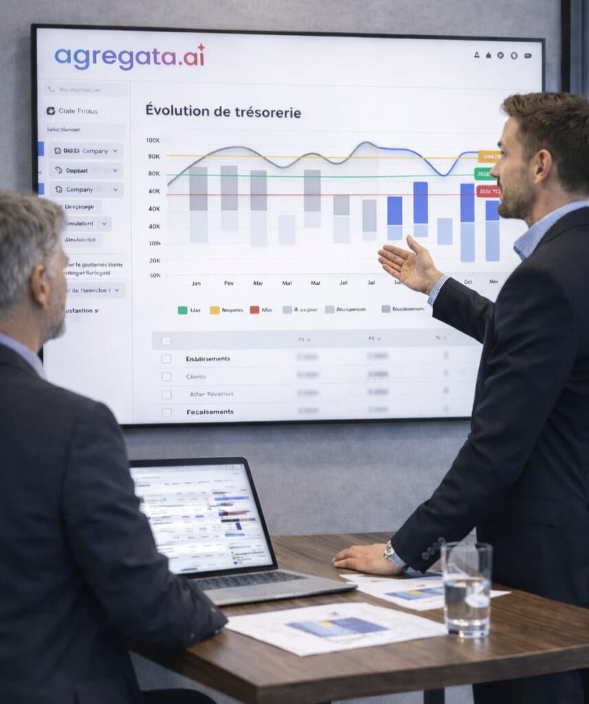 Présentation d’un tableau de bord Agregata.ai montrant l’évolution de trésorerie et les indicateurs financiers en entreprise.