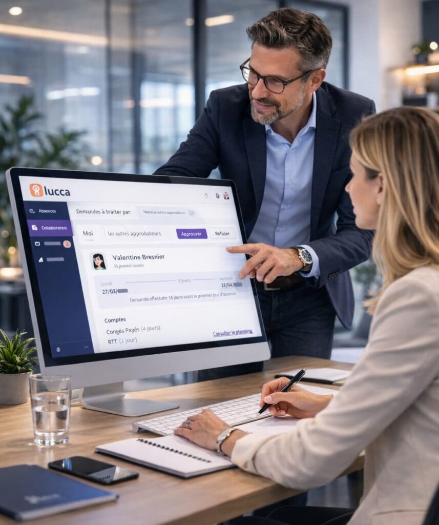 Consultant présentant la solution Lucca pour la gestion des absences et du planning à une collaboratrice en entreprise.