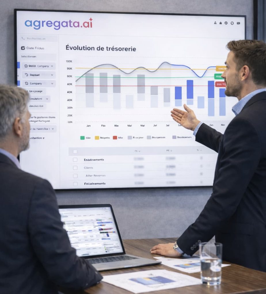 Présentation d’un tableau de bord Agregata.ai montrant l’évolution de trésorerie et les indicateurs financiers en entreprise.