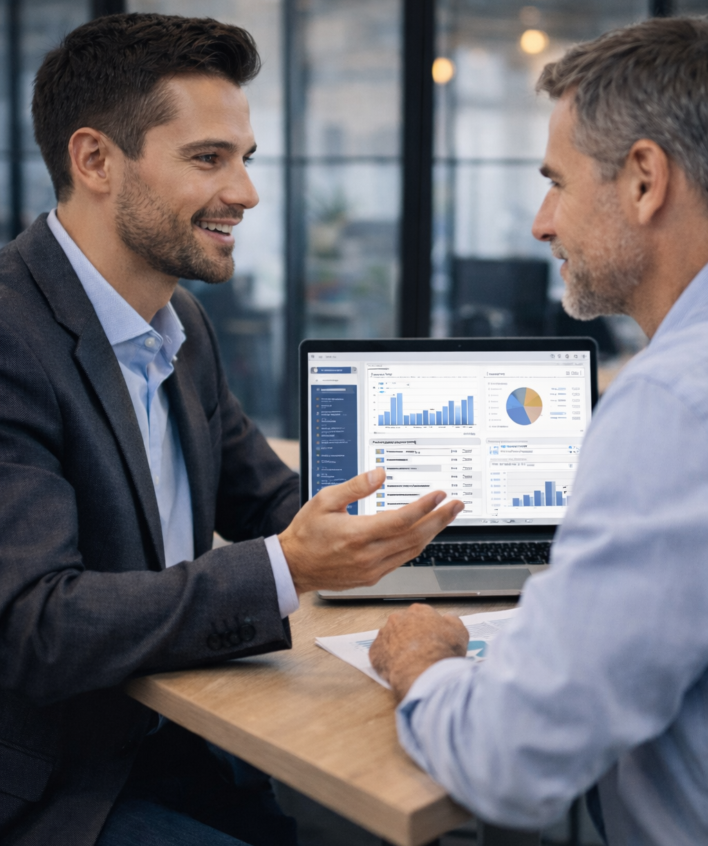 eux professionnels échangent lors d’un rendez-vous de conseil et analysent des indicateurs de performance sur un ordinateur portable.